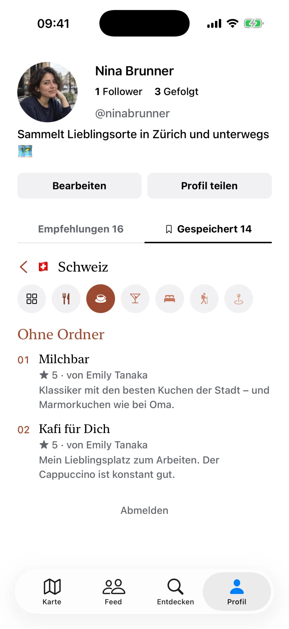 Merkliste mit gespeicherten Orten